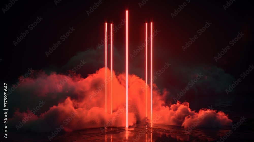 Poster an isolated black background with glowing vertical neon lines illuminated with red light, 3d render