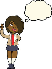 cartoon cool girl giving peace sign with thought bubble