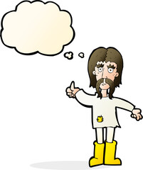 cartoon hippie man giving thumbs up symbol with thought bubble