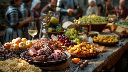 Medieval Banquet: Photograph a lavish banquet table with noble guests, feasting on roasted meats, fruits, and goblets of wine to showcase medieval dining customs