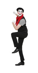 Funny mime artist in beret posing on white background