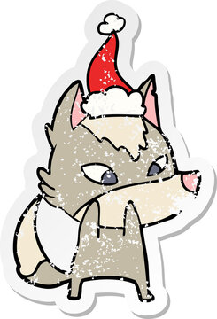 shy hand drawn distressed sticker cartoon of a wolf wearing santa hat