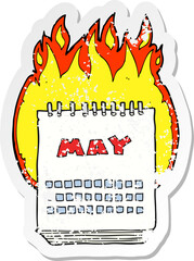 retro distressed sticker of a cartoon calendar showing month of may