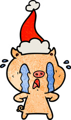 crying pig hand drawn textured cartoon of a wearing santa hat
