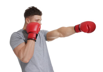 Man in boxing gloves fighting on white background - obrazy, fototapety, plakaty