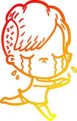warm gradient line drawing of a cartoon crying girl running away