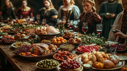 Medieval Banquet: Photograph a lavish banquet table with noble guests, feasting on roasted meats, fruits, and goblets of wine to showcase medieval dining customs - obrazy, fototapety, plakaty