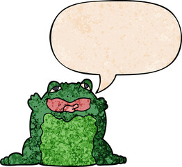 cartoon toad with speech bubble in retro texture style