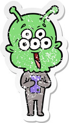 distressed sticker of a happy cartoon alien