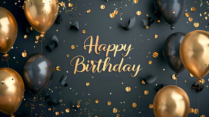 Luxury birthday party decoration with black and gold theme, balloons, and glitter on a dark background with elegant typography.