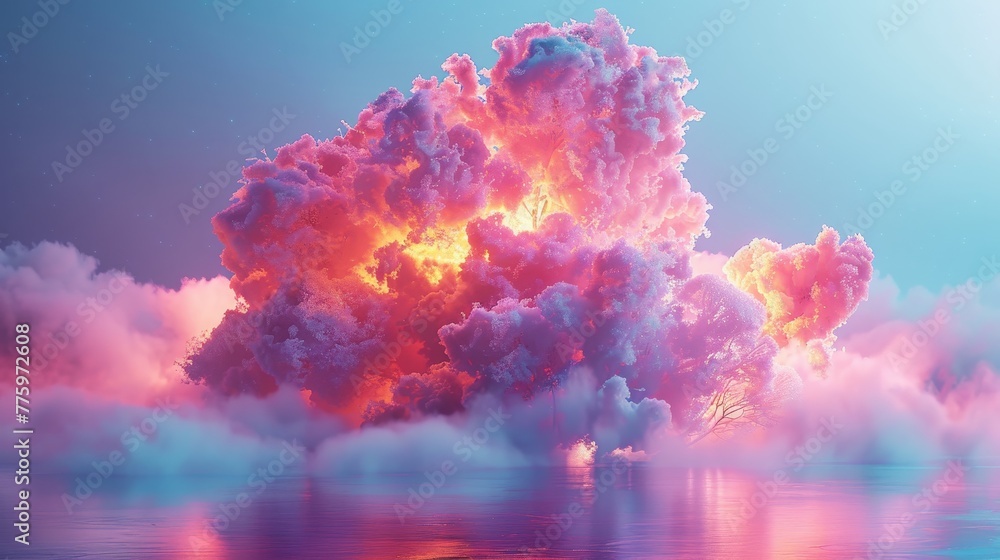 Poster a 3d render of a colorful cloud with glowing neon, symbolizing the interconnectedness of all things