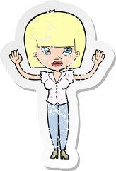 retro distressed sticker of a cartoon woman with raised hands