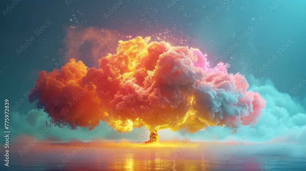 Poster a 3d render of a colorful cloud with glowing neon, symbolizing the harmony of elements