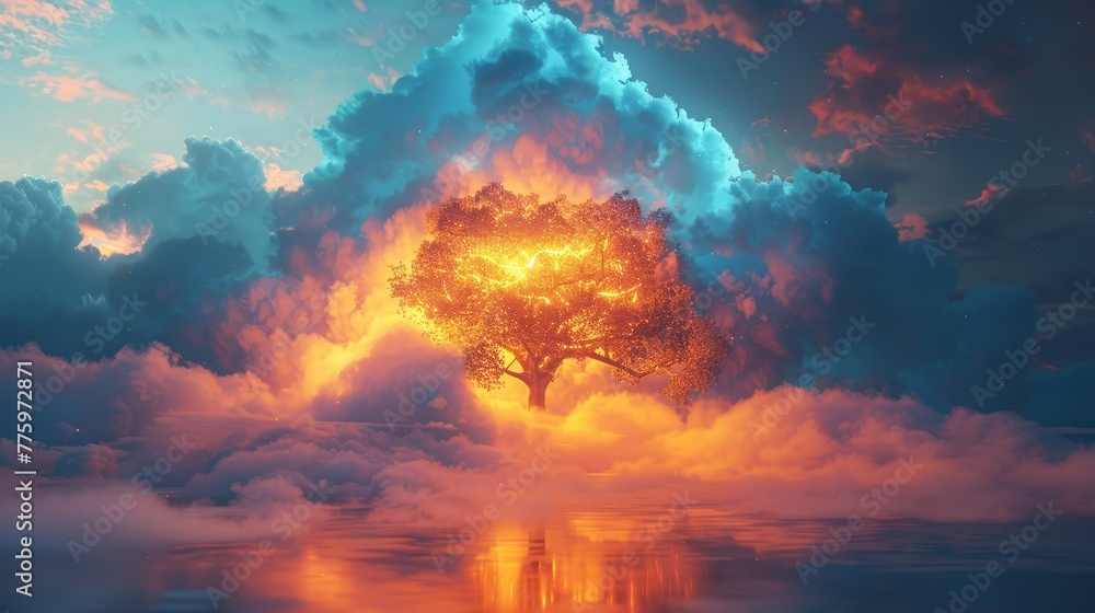 Poster a 3d render of a colorful cloud with glowing neon, symbolizing the harmony of elements
