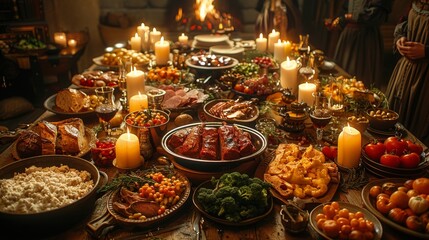 Medieval Banquet: Photograph a lavish banquet table with noble guests, feasting on roasted meats, fruits, and goblets of wine to showcase medieval dining customs