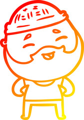 warm gradient line drawing of a cartoon happy bearded man