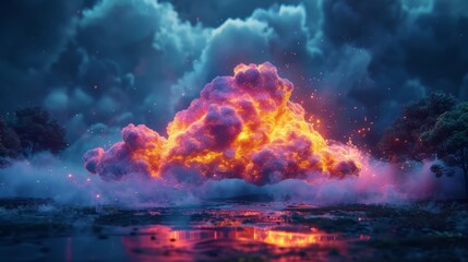 A 3D render of a colorful cloud with glowing neon Orange - obrazy, fototapety, plakaty