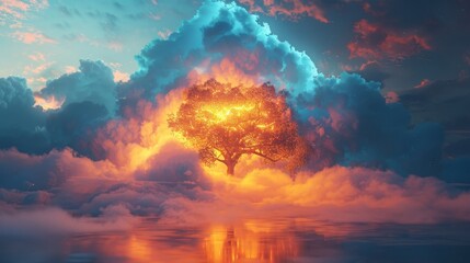 A 3D render of a colorful cloud with glowing neon, symbolizing the harmony of elements