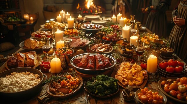 Medieval Banquet: Photograph a lavish banquet table with noble guests, feasting on roasted meats, fruits, and goblets of wine to showcase medieval dining customs
