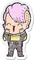distressed sticker of a cartoon happy hipster girl wearing space suit