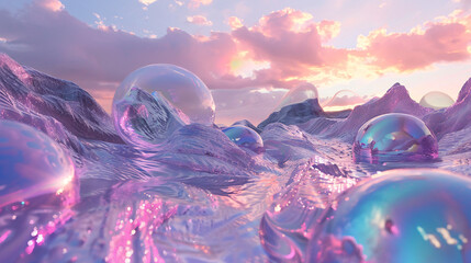 Surreal landscape with glossy orbs, pinkish mountains, and a mesmerizing sunset