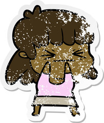 distressed sticker of a cartoon angry girl