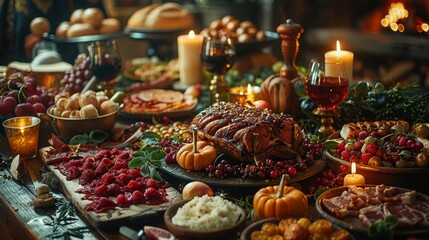 Medieval Banquet: Photograph a lavish banquet table with noble guests, feasting on roasted meats, fruits, and goblets of wine to showcase medieval dining customs