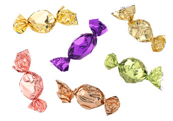 Candies in bright wrappers falling on white background