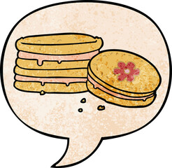 cartoon biscuit with speech bubble in retro texture style