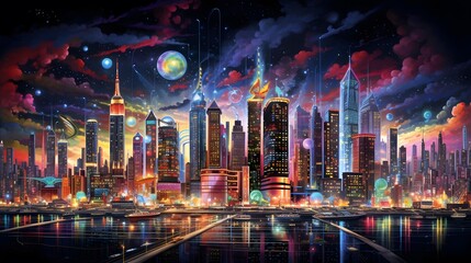 Panorama of the night city and the river. Vector illustration.