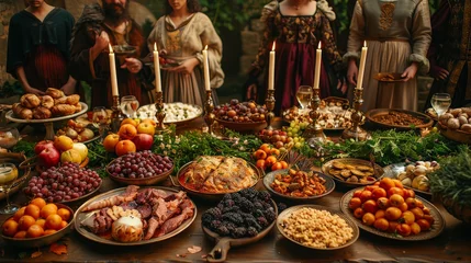Fototapeten Medieval Banquet: Photograph a lavish banquet table with noble guests, feasting on roasted meats, fruits, and goblets of wine to showcase medieval dining customs © Nico