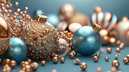 Fototapeta na wymiar Three-dimensional rendering of abstract blue and gold Christmas ornaments, baubles, and balls. Happy New Year greeting card.