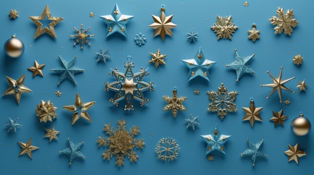 Blue and gold stars and snowflakes, festive clipart elements isolated on blue background, 3d render