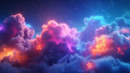 A 3D render of colorful cloud with glowing neon stars