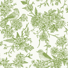 Seamless floral pattern with birds. Blooming garden trees. Vector detailed design. Green. - 775973612