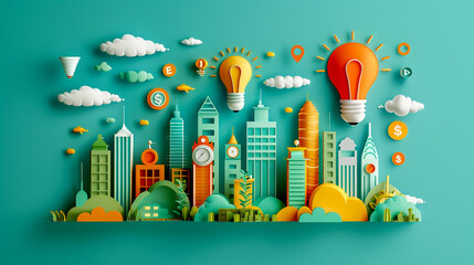Naklejka premium A 3D cityscape with buildings shaped like various business icons, from light bulbs to dollar signs, symbolizing the ecosystem of entrepreneurship