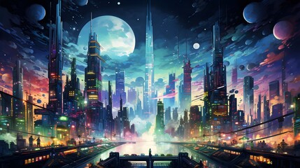 Futuristic city panoramic night view. 3D rendering