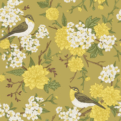 Seamless floral pattern with birds on a mustard background. Blooming garden trees. Warbler warbler. Vector detailed background. Botanical illustration. Colorful - 775973661