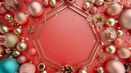Decorative 3D render. Hexagonal gold frame with colorful glass balls and metallic ornaments. Merry Christmas wallpaper. Winter holidays banner.