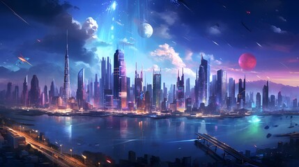 Fototapeta na wymiar Panoramic view of the city at night. 3D rendering