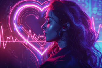 Artistic design of a beautiful woman with heartbeat diagram and a love symbol