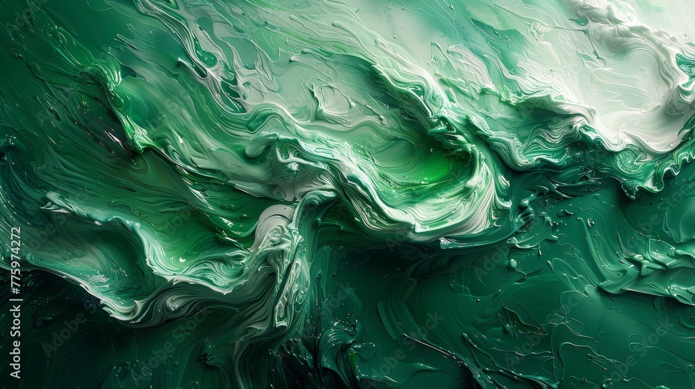Poster there are fluid lines of color movement. green shades. brush strokes.