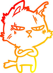 warm gradient line drawing of a tough cartoon cat folding arms