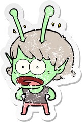 distressed sticker of a cartoon shocked alien girl