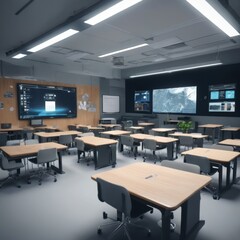 A contemporary classroom equipped with interactive technology and screens, designed for a collaborative and digital learning environment