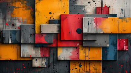 Abstract Fusion: A fusion of bold geometric shapes, vibrant colors, and abstract paint splatters,...