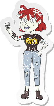 retro distressed sticker of a cartoon alien rock fan girl