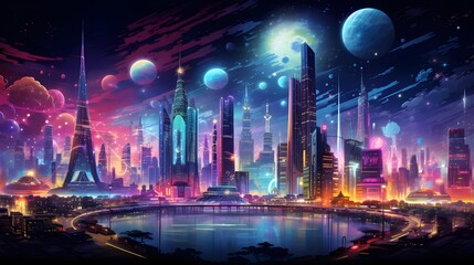 Futuristic night city. Panoramic view of the night city.