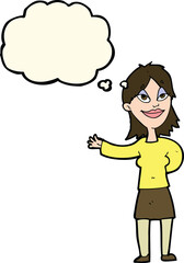 cartoon woman gesturing to show something with thought bubble