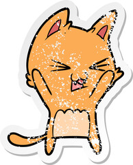 distressed sticker of a cartoon cat hissing